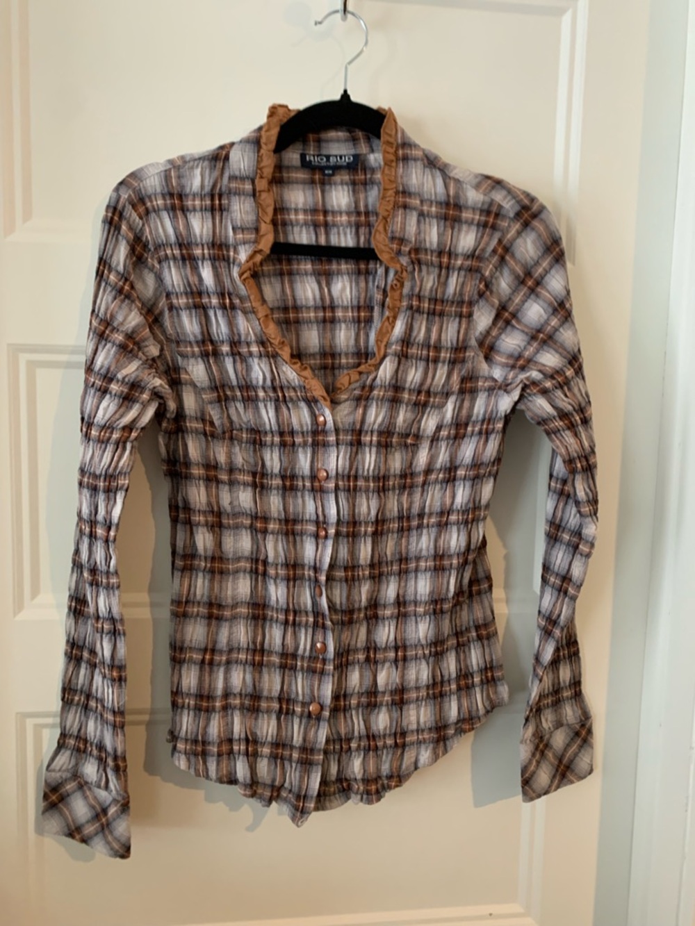 RIO SUD WOMEN's fitted Plaid Button-Up blouse in Brown & grey 100% cotton